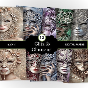 Glitz and Glamour Digital Paper, Masquerade Junk Journal, Masquerade Woman Art, Glam Digital Papers, Carnival Junk Journal, Festival Papers