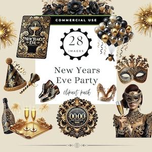 Clipart de Saint-Sylvestre noir et or, téléchargement numérique fête NYE, décorations de Saint-Sylvestre noir et or pour faire-parts, publicité