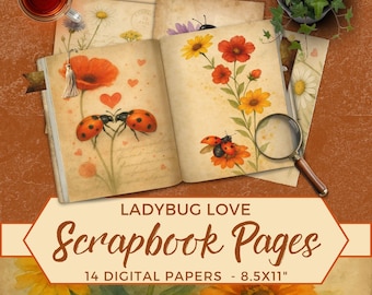 May include: An open scrapbook featuring vintage-style pages with illustrations of ladybugs, red poppies, yellow flowers, and small hearts. A magnifying glass rests on the right page. The text reads LADYBUG LOVE Scrapbook Pages 14 DIGITAL PAPERS - 8.5X11".