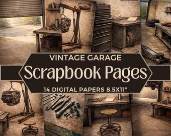 May include: A collage of digital scrapbook pages with a vintage garage theme. The pages feature images of tools, workbenches, and car parts. The text "VINTAGE GARAGE Scrapbook Pages" is displayed prominently. Each page is 8.5x11 inches.