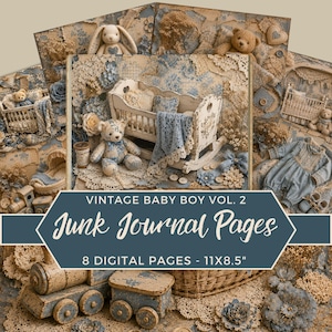 Puede incluir: Una colección de 8 páginas de diario digital tituladas Vintage Baby Boy Vol. 2, que miden 27,94x21,59 cm. Las páginas presentan patrones florales azules y beige, encaje, osos de peluche, una cuna, un tren de juguete y ropa de bebé.