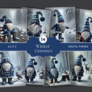 Carta digitale con gnomi invernali, diario invernale con gnomi, carta per scrapbooking con tema "Paese delle meraviglie invernale", sfondi digitali con gnomi magici, gnomo blu
