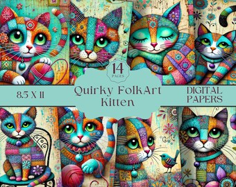 Boho Patchwork Cat Digital Papers, Whimsical Cat & Bird Collage, Cute  Folk Art Quirky Kitten Illustration,Bohemian Patchwork Animal Design