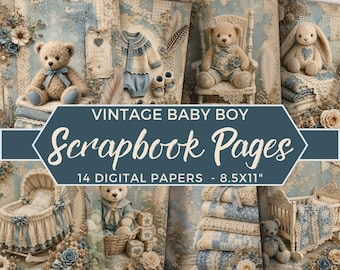 May include: A collection of 14 digital scrapbook pages featuring vintage baby boy themes in blue and cream tones. Designs include teddy bears, a rabbit, a bassinet, a crib, baby clothing, and blankets, all with 8.5x11 inch dimensions.
