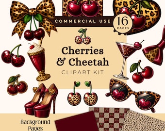 May include: A digital clipart kit titled Cherries & Cheetah featuring 16 pages of illustrations including red cherries, leopard print bows, high heels, martini glasses, and sunglasses. The set includes patterned background pages and cherry motifs.