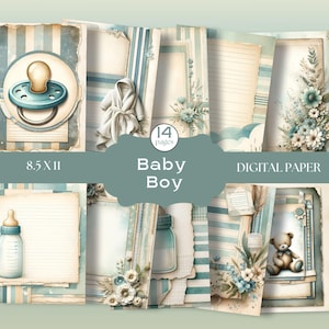 Junkjournaal "Baby Boy", babyjournaalpapier, babyshower, pastel decoratief papier voor jongens, cadeau, afdrukbare babypapieren, babyplakboek