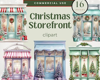 Watercolor Christmas Storefront, Victorian Winter Scene, Vintage Holiday Shop Clipart for Scrapbooking Card Making and Junk Journals