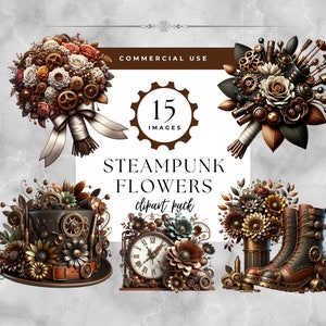 Steampunk-clipart, mechanische bloemen, Victoriaanse bloemen, vintage tandwielen en rozen PNG, metallic bloemenelementen, industriële botanische afbeeldingen