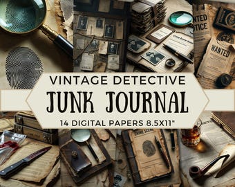 May include: A collection of vintage detective-themed digital papers. The image features magnifying glasses, fingerprints, wanted posters, and a journal with the text "Crime Scene Notes." The papers are 8.5x11 inches.