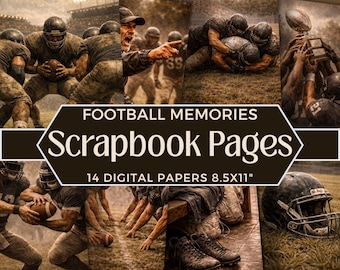 May include: A collage of digital scrapbook pages with football-themed imagery. The pages feature action shots of football players in various game moments, with the text "FOOTBALL MEMORIES Scrapbook Pages" and "14 DIGITAL PAPERS 8.5x11".