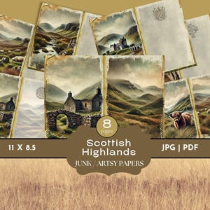Journal d'ordure des Highlands écossais, papiers de scrapbooking inspirés d'Outlander, pack de scrapbooking vintage imprimable, papiers numériques vache des Highlands, Ecosse