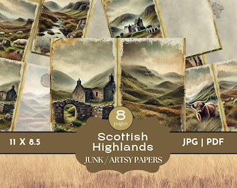 Diário de Junk das Terras Altas da Escócia, papéis para scrapbook inspirados em Outlander, pacote de scrapbook vintage para impressão, papéis digitais Highland Cow, Escócia