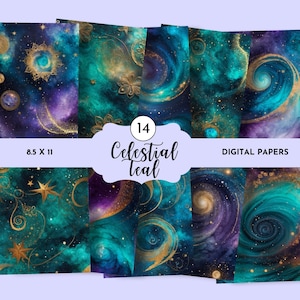 Galaxy Digital Papers, Celestial Digital Paper Pack, Teal Papers, Starry Night Papers, Journal, Galaxy Texture, Levendige lucht, Universum Textuur