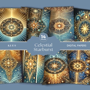 Celestial Digital Paper Pack, Mystical Celestial, Mandala Star Junk Journal, Blue Gold Mandala, Cosmic Mandala Scrapbooking Cardmaking