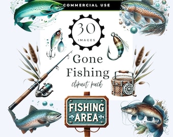 May include: A digital clipart pack with 30 images of fishing themed illustrations. The illustrations include fish, fishing rods, lures, a fishing basket, a sign that says "Fishing Area", and reeds. The text "Gone Fishing clipart pack" is in the center of the image.