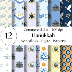 Hanukkah Seamless Paper Pack, Dreidel Menorah Torah Patterns, Blue & Gold Digital Scrapbook Designs, Chanukah Junk Journal Card Making