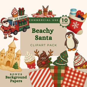 Natal em julho, clipart, Papai Noel tropical, design de caminhão de sorvete, clipart de Natal praiano, arte de férias de verão, férias costeiras, verão divertido