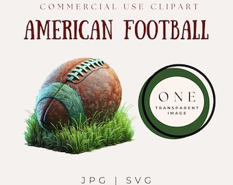 May include: An illustration of an American football in brown and green, resting on green grass. The text "AMERICAN FOOTBALL" is displayed in a burgundy font. Additional text includes "COMMERCIAL USE CLIPART", "ONE TRANSPARENT IMAGE", and "JPG | SVG".