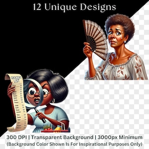 Product showcase displaying two transparent PNG clipart designs on black background with checkered transparency pattern. Features woman with magnifying glass scrutinizing grocery list, and woman cooling herself with decorative fan showing distress. Text indicates "12 Unique Designs" and technical specs: "300 DPI | Transparent Background | 3000px Minimum" with disclaimer about background color being inspirational only.