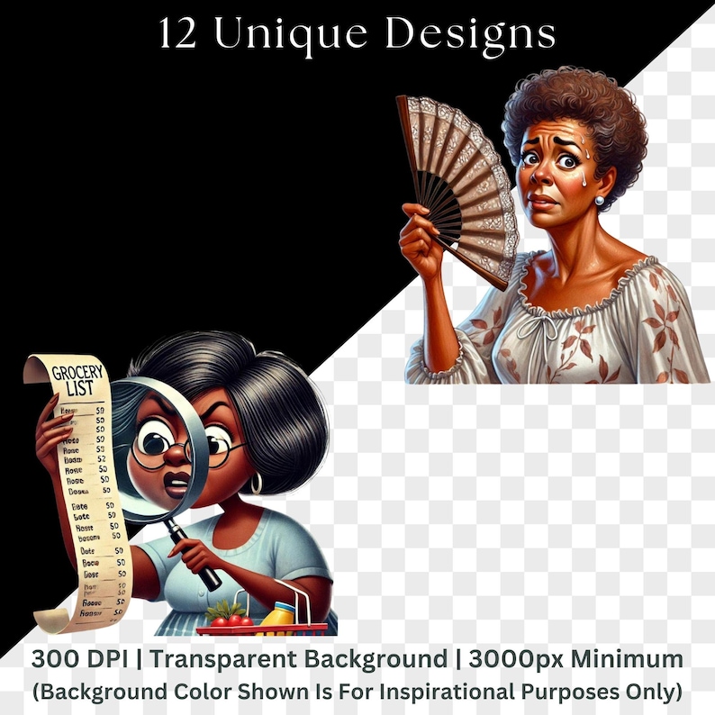 Product showcase displaying two transparent PNG clipart designs on black background with checkered transparency pattern. Features woman with magnifying glass scrutinizing grocery list, and woman cooling herself with decorative fan showing distress. Text indicates "12 Unique Designs" and technical specs: "300 DPI | Transparent Background | 3000px Minimum" with disclaimer about background color being inspirational only.
