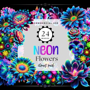 Clipart de flores neon, clipart de fantasia, flores pastel, flores em aquarela, clipart de flores pastel, clipart neon, download digital, comercial