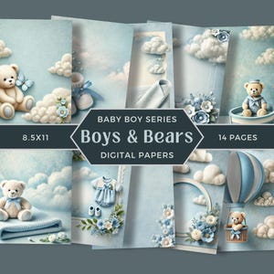 Baby Boy Junk Journal, Teddy Bear Papers, Baby Shower Background, Pastel Decorative Papers for Boys, Printable Baby Papers,Baby Scrapbook