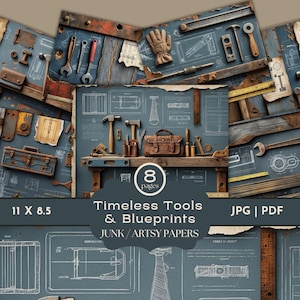 Tools Blueprints Junk Journal, Masculine Junk Journal, Vintage Workshop Ephemera, Rustic Handyman Pages, Mechanic Scrapbook Collage Papers