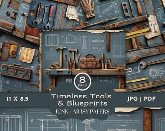 Tools Blueprints Junk Journal, Masculine Junk Journal, Vintage Workshop Ephemera, Rustic Handyman Pages, Mechanic Scrapbook Collage Papers