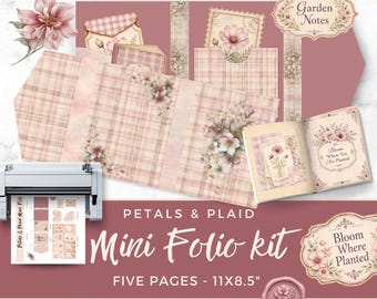 Mini Folio, Pink Floral Folio Kit, Printable Junk Journal Ephemera, Happy Mail Scrapbook Supplies