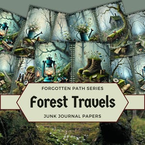 Verzauberte Wald Junk Journal Seiten, druckbare Wald Ephemera, Collage Sheets zum Thema Natur, Wandern & Waldweg Sammelalbum, männliche Karte