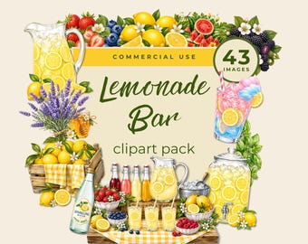 May include: A digital clipart collection titled Lemonade Bar featuring 43 images of lemonade pitchers, dispensers, glasses with fruit, berries, lavender, and yellow checkered linens. The design includes text reading Commercial Use Lemonade Bar clipart pack.