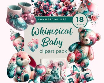 Whimsical Baby Clipart PNG Bundle, Baby Scrapbook Ephemera, Baby Journal Graphics, Teal Pink PNG Pack