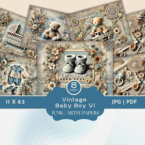 Junk Journal "Baby Boy ", Baby Journal Papers, Vintage Baby Boy Scrapbook, Teddy Bears, Shabby Chic, Soft Blue Baby Shower Background, Cards