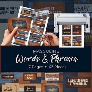 Op de afbeelding: Een set printbare labels met leer- en spijkerstoftexturen met zinnen zoals Heart of Gold, Best Dad Ever en Anchor in rough seas. De collectie bevat 43 stuks verdeeld over 7 pagina's, getoond met een schaar en een snijmachine.