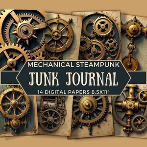 Puede incluir: Un conjunto de papeles digitales con temática steampunk. Presentan intrincados engranajes mecánicos en tonos dorados y bronce, sobre un fondo de pergamino envejecido. El texto dice "MECHANICAL STEAMPUNK JUNK JOURNAL 14 DIGITAL PAPERS 8.5x11" (aprox. 21,6 x 28 cm).