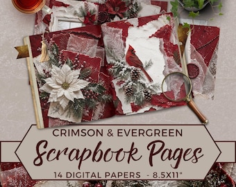 May include: A collection of digital scrapbook pages featuring crimson and evergreen themes, including illustrations of a red cardinal, white poinsettias, and pinecones. The set includes 14 digital papers measuring 8.5x11 inches each.