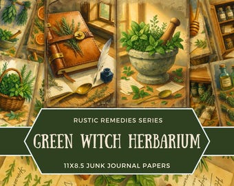 Green Witch Junk Journal Kit, Herbal Apothecary Printable Papers, Cottagecore Grimoire, Rustic Witchcraft Ephemera,Botanical Scrapbook, RRC