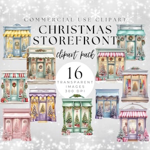 Clipart natalizie ad acquerello, grafica natalizia, vetrina natalizia, uso commerciale, set PNG, negozio di Natale, vetrina di decorazioni natalizie
