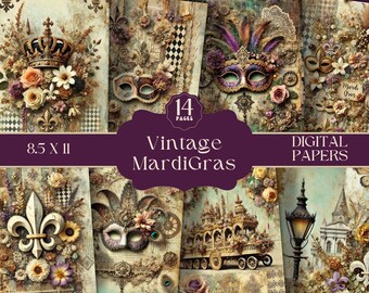 Mardi Gras Digital Papers,Printable Carnival Junk Journal Pages, MardiGras Scrapbook Collage,Masks Digital Background, Shabby Chic MardiGras