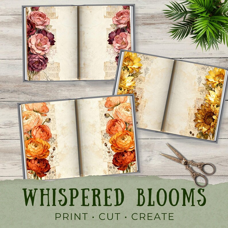 Open junk journal spreads featuring blush, peach, and soft pink flowers arranged along the page edges. The backgrounds include aged paper, handwritten script fragments, and subtle botanical sketches. The pages are shown in angled book mockups on a rustic surface, highlighting elegant printable journaling sheets for creative writing and scrapbooking.
