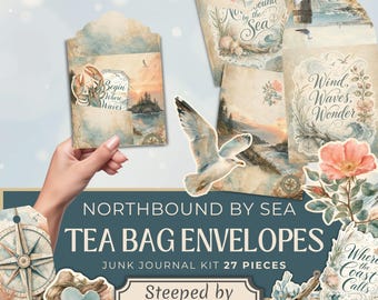 May include: A collection of paper ephemera for junk journaling featuring nautical themes. The set includes envelopes and die-cut shapes with illustrations of seagulls, seashells, compasses, and coastal landscapes, with text reading Northbound by Sea.