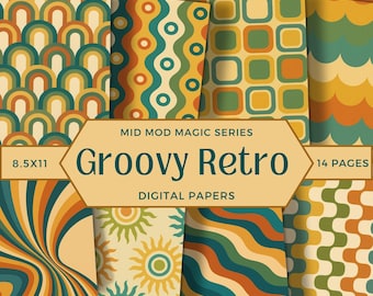 Groovy Retro Digital Paper, Retro 70s Scrapbook Pages, Mid Century Modern Junk Journal, Funky Geometric Crafting, Vintage Background, MMM