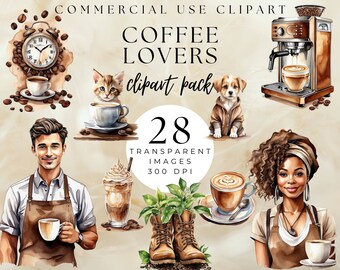 Watercolor Coffee Clipart Set, Coffee Shop PNG Images (Commercial Use)