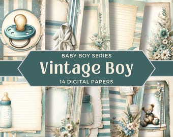 Babyboy-plakboekpapier, vintage junk-dagboekpagina's, blauwe baby-ephemera voor scrapbooking en tijdschriften