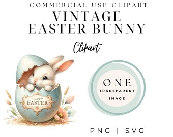 Vintage Easter Bunny Clipart, Happy Easter Egg PNG (Digital Download)