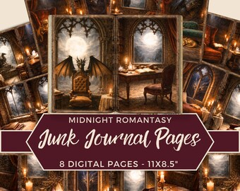 May include: Digital junk journal pages with a fantasy theme. The pages feature illustrations of a dragon throne, a desk with a book, and a full moon. The text on the image reads "Midnight Romantasy Junk Journal Pages 8 Digital Pages - 11X8.5".