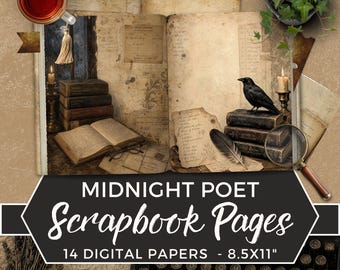 May include: A collection of 14 digital scrapbook papers titled Midnight Poet Scrapbook Pages 14 Digital Papers 8.5x11 inches, featuring vintage book illustrations, a black raven, a quill, a magnifying glass, and a typewriter keyboard.