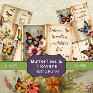 Butterflies and Flowers Junk Journal Pages, Vintage Botanical Art for Journals, Scrapbooks, and Crafts, Shabby Chic Vintage Nature-Themed