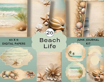 Beach Junk Journal Pages,  Ocean Junk Journal, Beach Digital Paper, Collage, Ephemera, Digital Download, Digi Papers, Sea Junk Journal