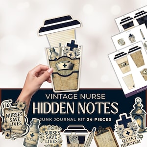 Vintage Nurse Printable Hidden Notes, Coffee Cup Pockets and Fussy Cuts, Medical Junk Journal Ephemera Set, 24 Piece PDF